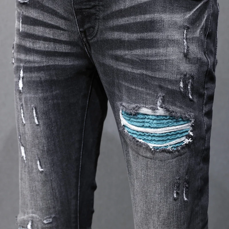 

y2k fashion new light colored denim jeans washed nostalgic stretch slim fit men's black gray jeans high street hip-hop brand