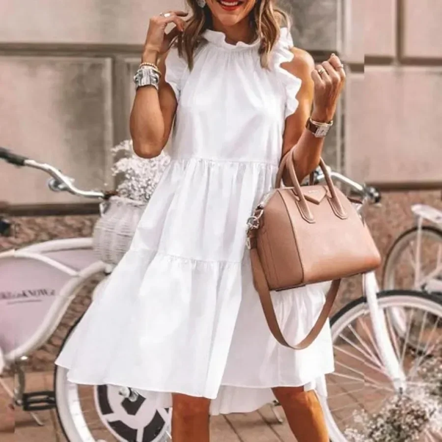 Summer Casual Ruffle Collar White Loose Beach Women's Dress Casual Bohemian Sleeveless Large Hem Solid Round Neck Long Dress