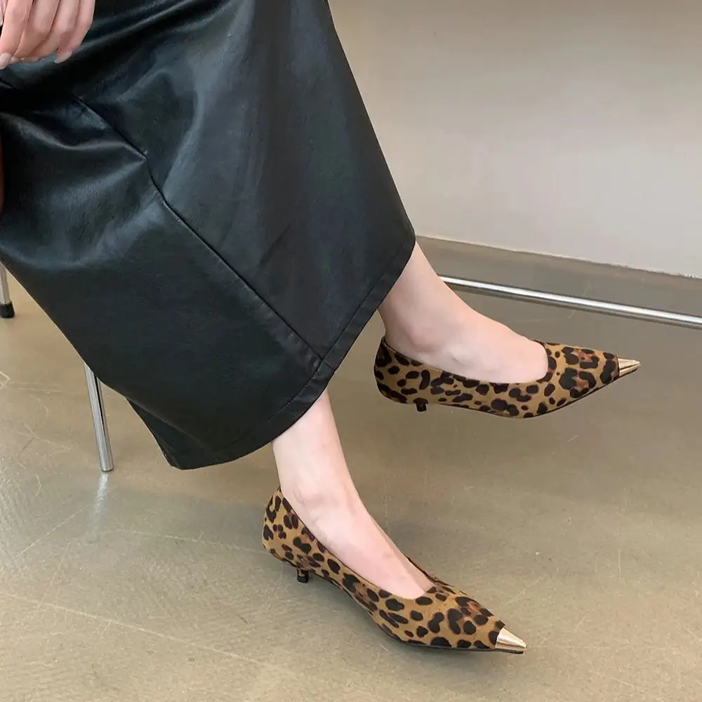 Leopard/Black/Red Women Pumps Pointed Toe Shallow Slip On Thin Mid Heels Metal Toe Dress Shoes Woman Fashion Pumps Size 35-39