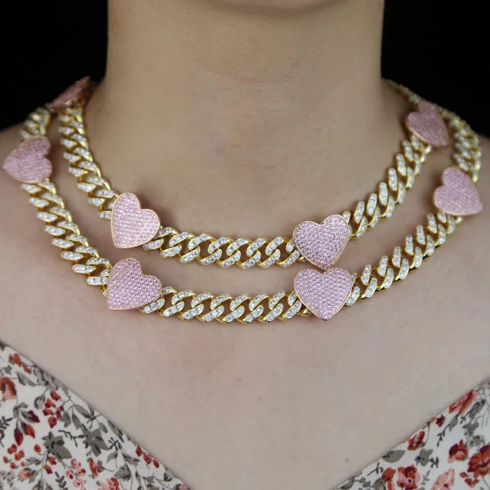 

12mm Width Pink Heart Cz Choker Necklace Paved Iced Out Bling 5A Cubic Zirconia Women Girlfriend Gift Cuban Link Chain Jewelry