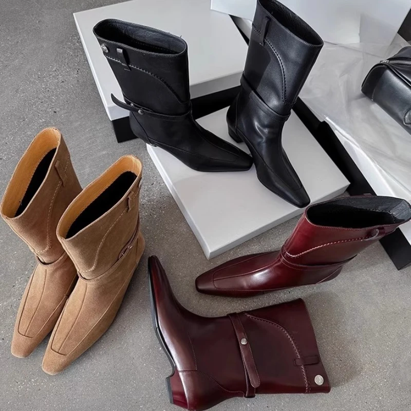 

Original Designer Brand Cowhine Square Head Belt Buckle Thick with Sleeve Boots Autumn Winter New Fashion Ankle Boots for Women