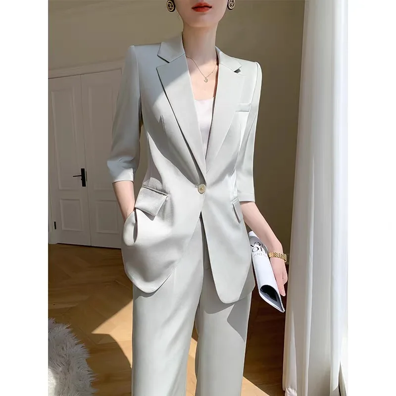 

New Two-Piece Satin Finish One Button Half Sleeve Blazer Jacket Coat Casual Elegant Women's Trousers Office Lady Suit 2025 신상