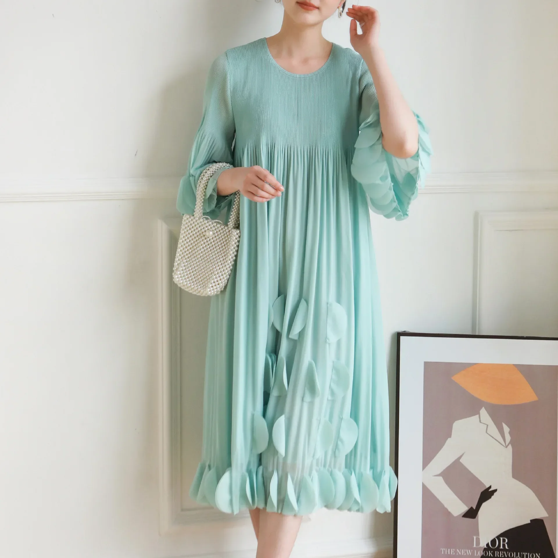 Pleats Pleated Solid Color Dress 2025 Summer Solid Color Commuting Large Size Casual Loose Dress Elegant Women Clothing