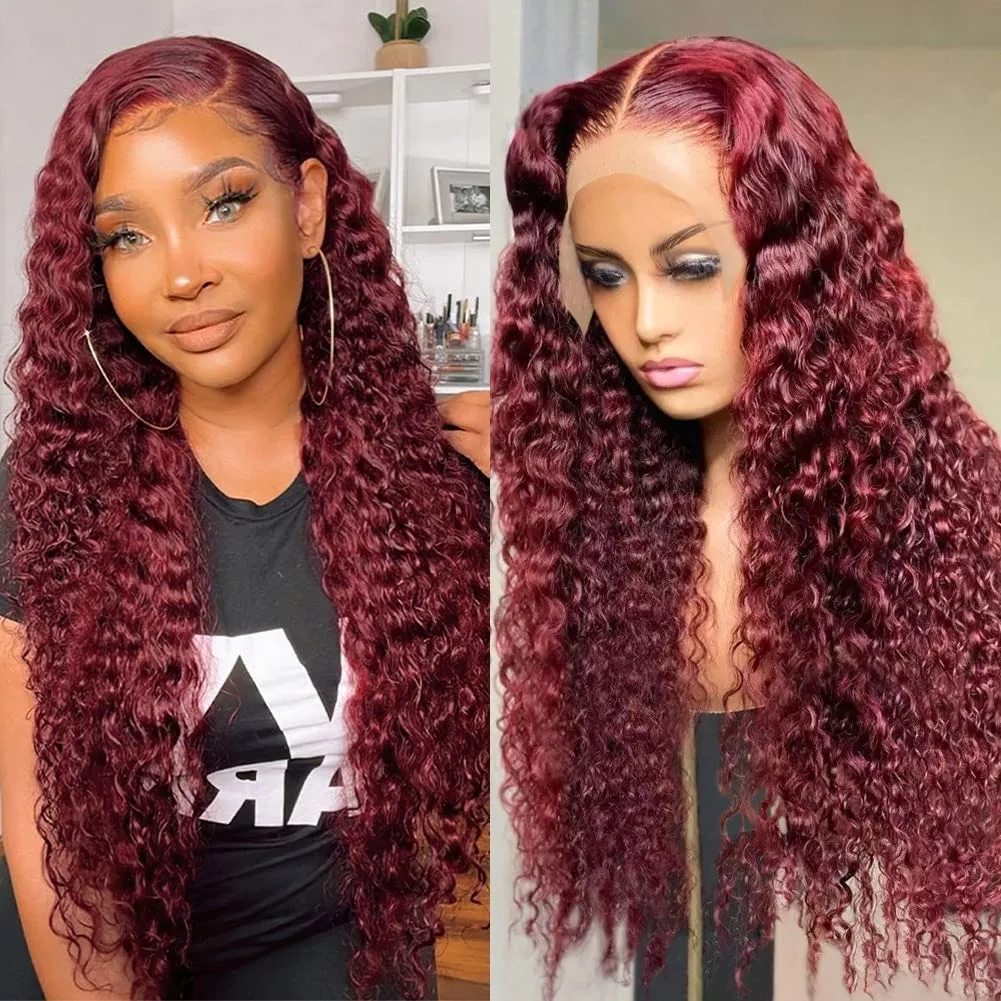 

Burgundy Human Hair Wig 40 Inch 99j 13x6 Deep Wave Lace Front Wigs Pre Plucked 13x4 HD Lace Frontal Wigs For Women 200% Density