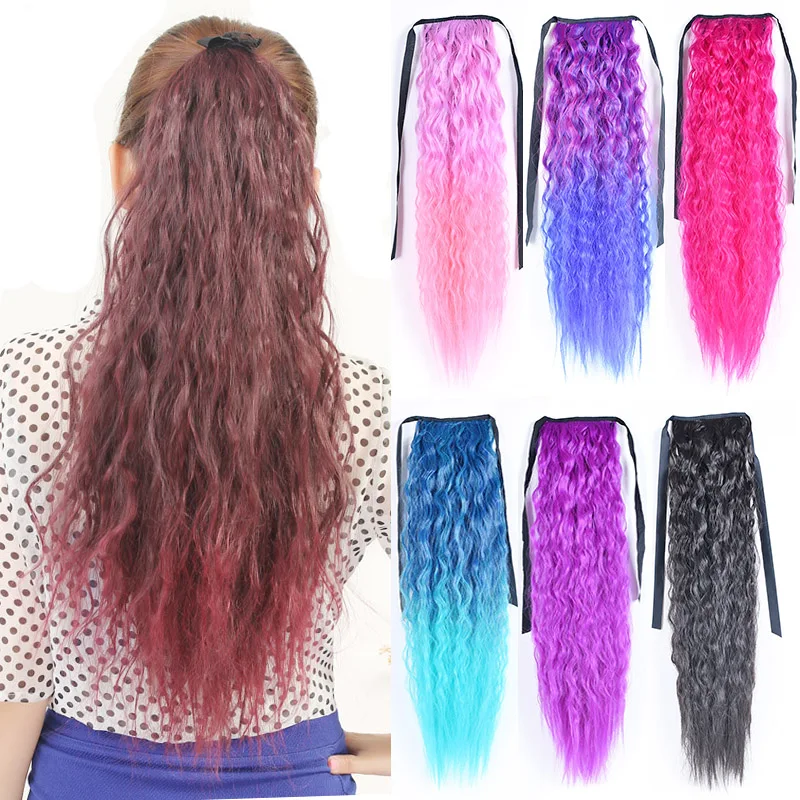 Jeedou Synthetic Long Kinky Curly Hair Ribbon Ponytail Extension Brown Blue Pink Purple Naturl Color Ponytails