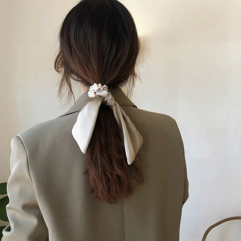 

Big Bow Ribbon Pearl Elastic Hair Bands Scrunchies Women Girls Silk Ponytail Holder Hair Ties Headbands hair accessories