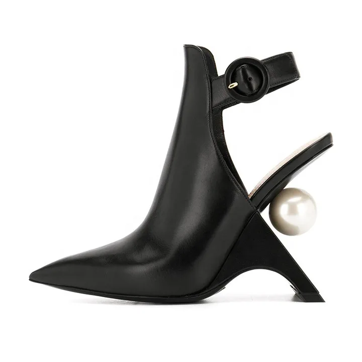 

Ankle Strap Pointed Toe Summer Women Sandals Pearl Strange Style High Heels Buckle Strap Design Large Size Closed Toe Shoes