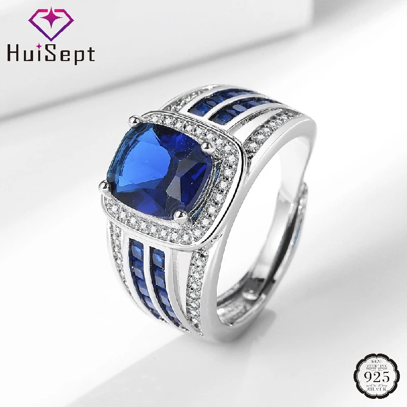 HuiSept Trendy Men Ring 925 Silver Jewelry with Sapphire Zircon Accessories for Wedding Engagement Party Promise Gift Wholesale