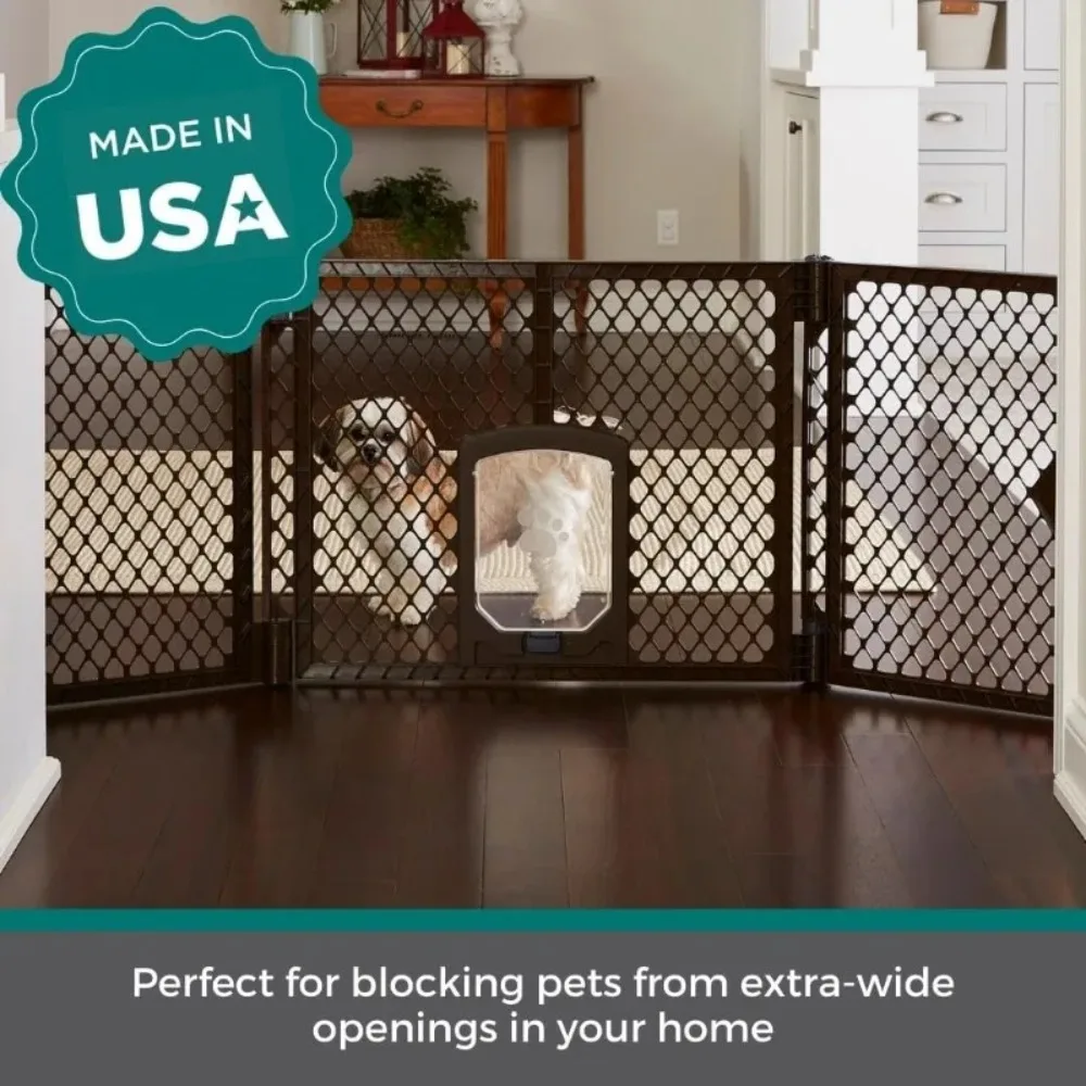 

Extra Wide Dog Gate with Small Pet Door. 38.5” to 103.5" Wide. Cat Gate for Doorway. Made in USA. 26" Tall, Brown-Hot-Sell!