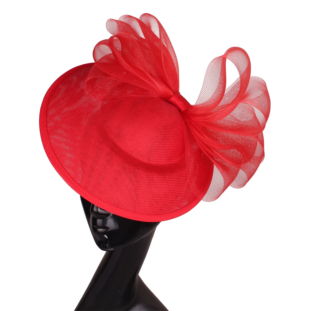 Red Sinamay Fascinator Big Hat Mesh Headwear Hairpin For Women Party Derby Millinery Headpiece With Bow Design Hair Accessories