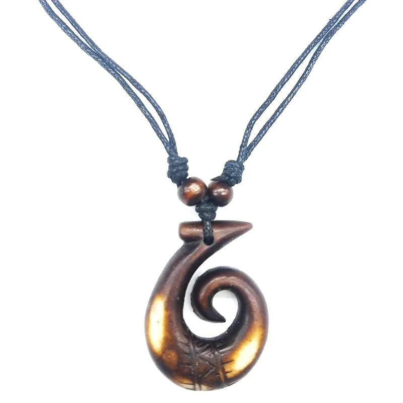 Wholesale 12PCS Hawaiian Hand-carved Maori Fish Hook Pendant Necklace Sailing Necklace Ward Off Evil Nautical Charm