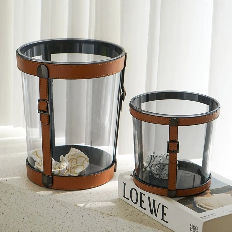 

Luxury Trash Can Leather Stainless Steel Waste Bins Desktop Storage Without Lid Trash Cans Desk Living Room Bedroom Litter Bin