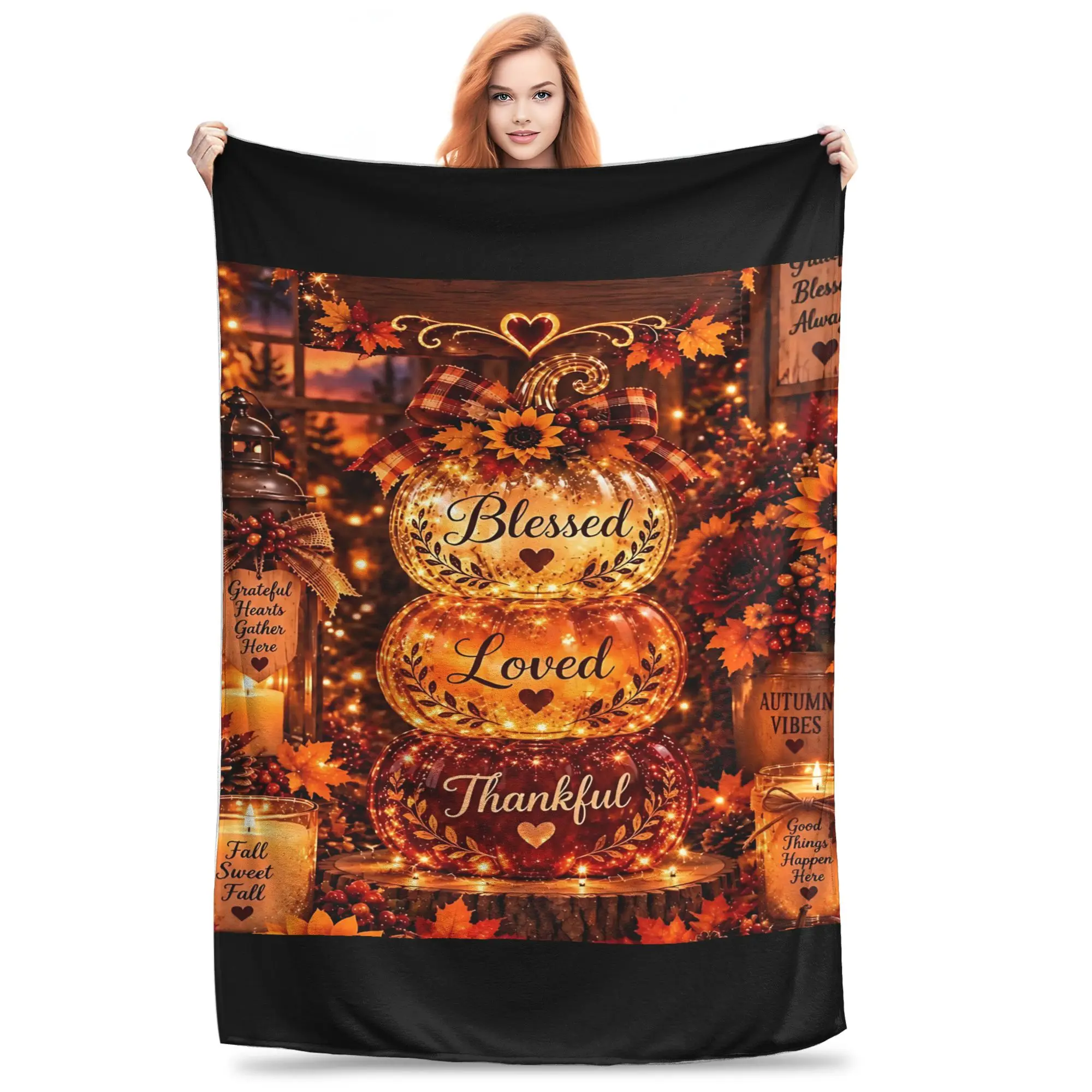 1PC Home Thankful Grateful Blessed Blanket Throw Blanket  Novelty Warm Blanket All Season Gift for Happy Halloween Give Thanks