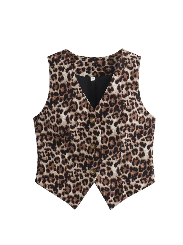 TELLHONEY Women Fashion V-Neck Single Breasted Sleeveless Vest Female Casual Hem Irregular Leopard Print Waistcoat