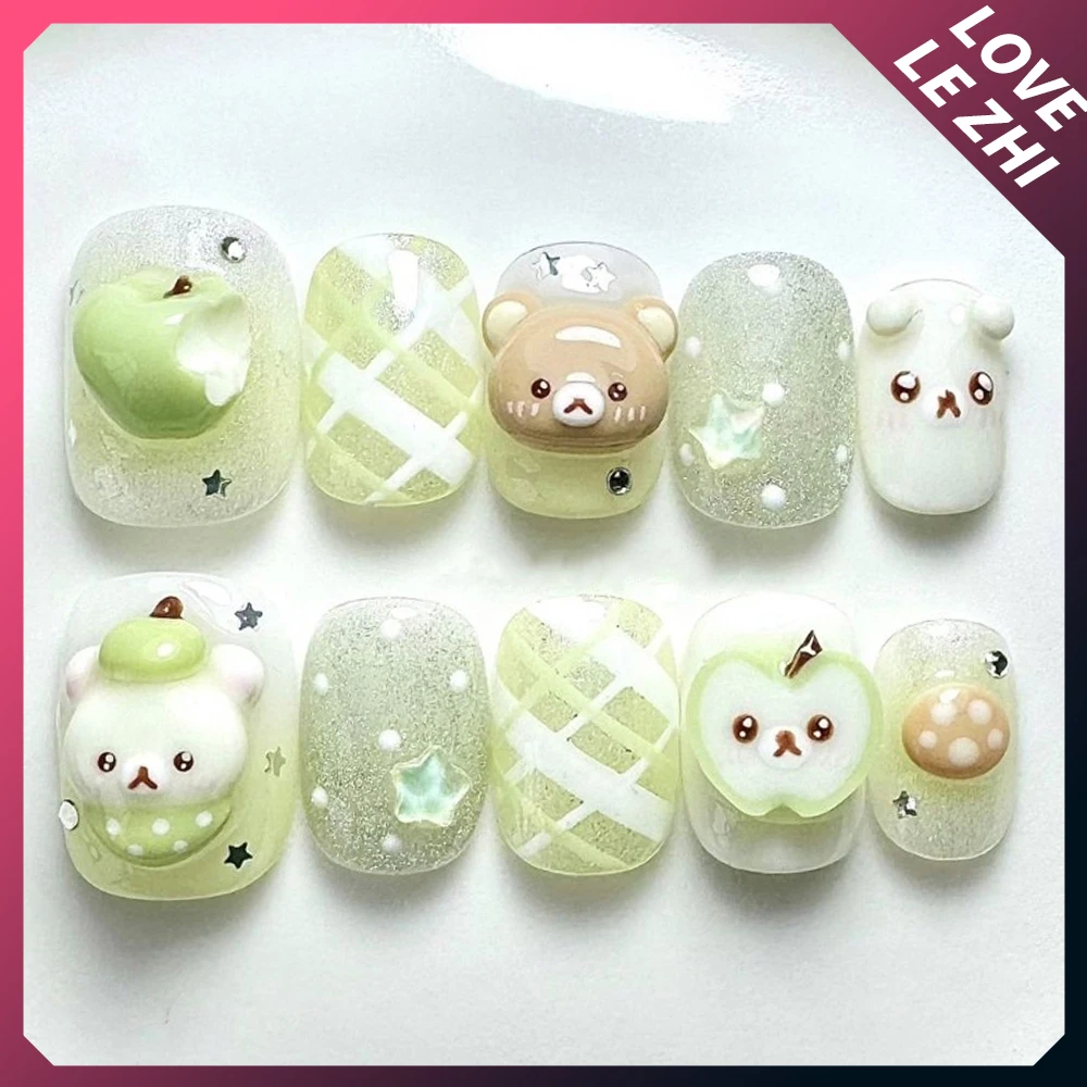 เล็บปลอมลายการ์ตูนอนิเมะริลัคคุมะ ทำมือ ทรงสั้น สี่เหลี่ยม อัลมอนด์ ลายหมีน่ารัก แมว ใบโคลเวอร์สี่แฉก วาดด้วยมือ