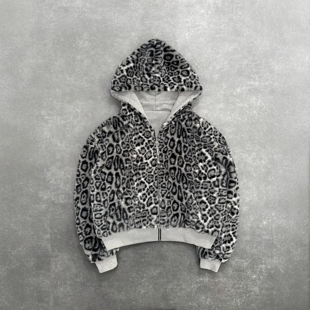 

Double-Sided Wearable Loose Fit Zipper Sweatirt Leopard Print Casual Hoodie Polyester Fabric Youth Trend Autumn Long Sve