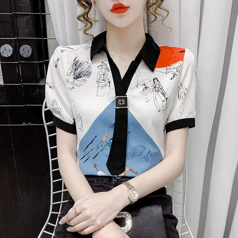 Printing Chiffon Thin Blouse Summer New Short Sleeve Polo Neck Loose Contrast Office T Shirt Tops Vintage Fashion Women Clothing