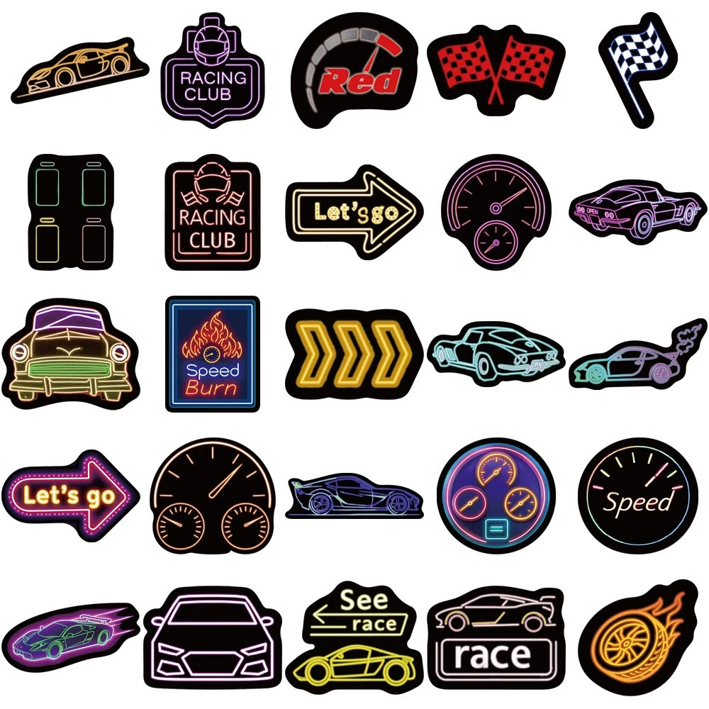 10/30/50pcs Neon Racing Car Cartoon Stickers CoolGraffiti Helmet Phone Skateboard Classic Waterproof Decals Toys Gifts
