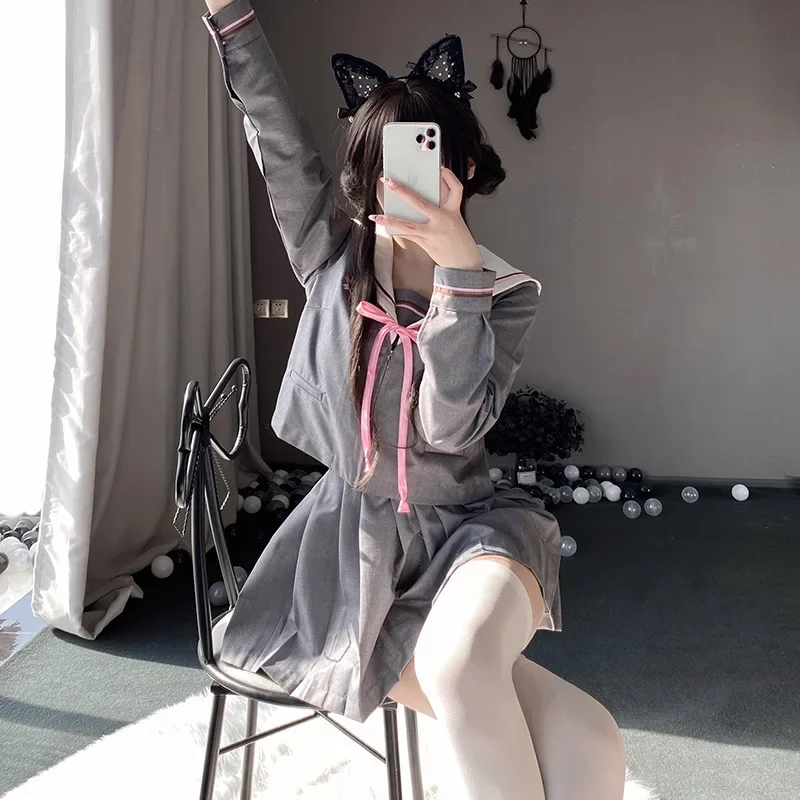 Uniforme scolastica coreana Ragazza Jk Abiti da marinaio Grigio rosato Due linee Set corto giapponese Gonna a pieghe Costume da laurea Donna