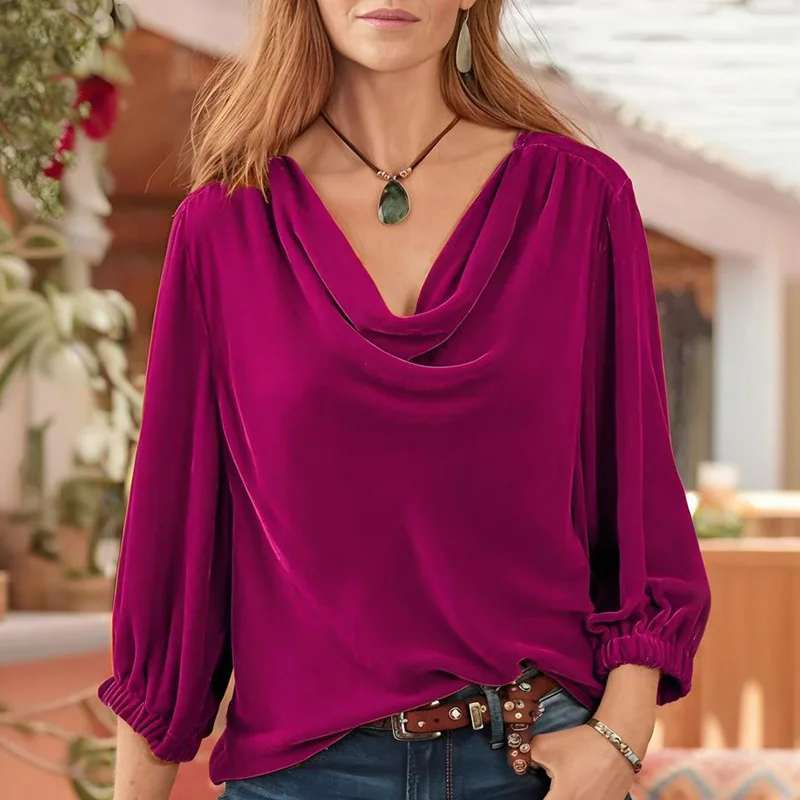 

2025 Autumn New Style Women's Solid Color Fashion Unique Long Sleeve Loose Korean Velvet Top Casual Work Long Sleeve T Shirt