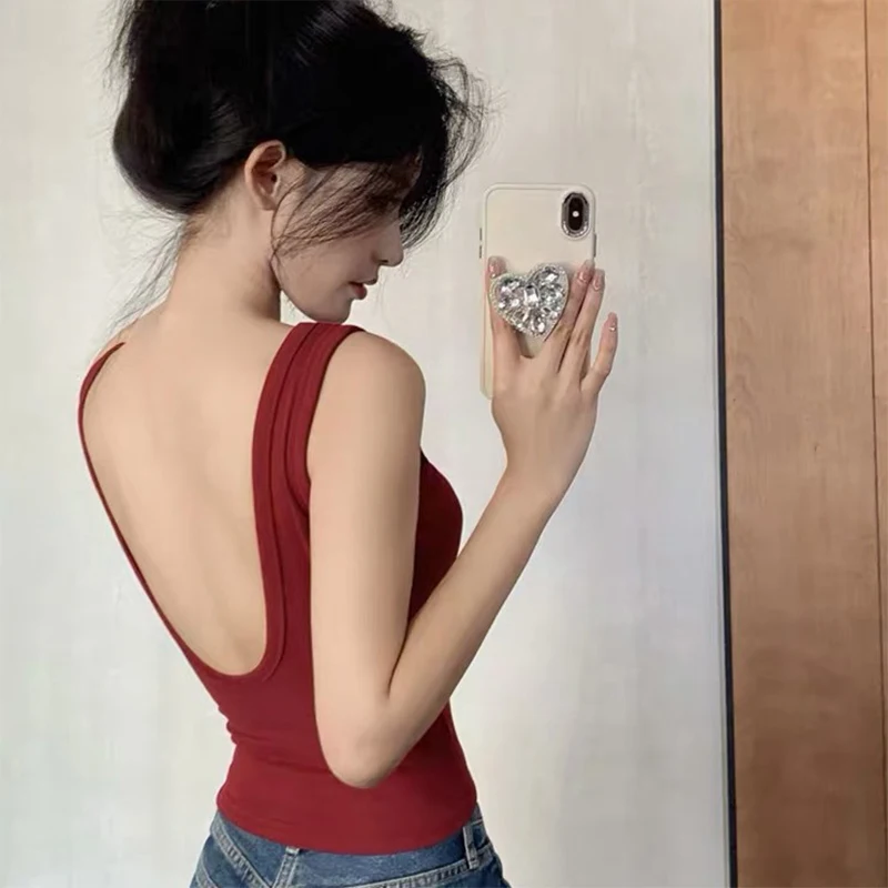 

Fashion Women Vest Korean Sexy Backless V-shaped Versatile Solid Color Senior Tank Top Sling With Built In Bra ﻿