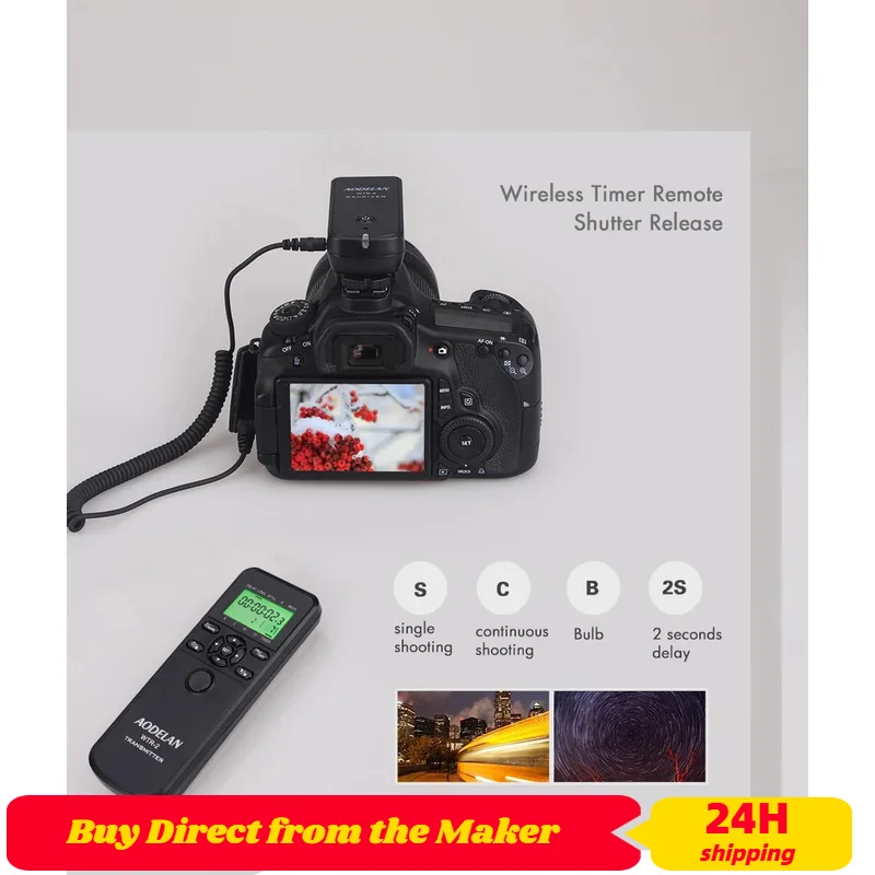 AODELAN WTR-2 Wireless Timer รีโมทคอนโทรลกล้องชัตเตอร์ (หลอดไฟ,Delay,เดี่ยว,ถ่ายภาพต่อเนื่อง) สำหรับ Canon Nikon กล้องโซนี่