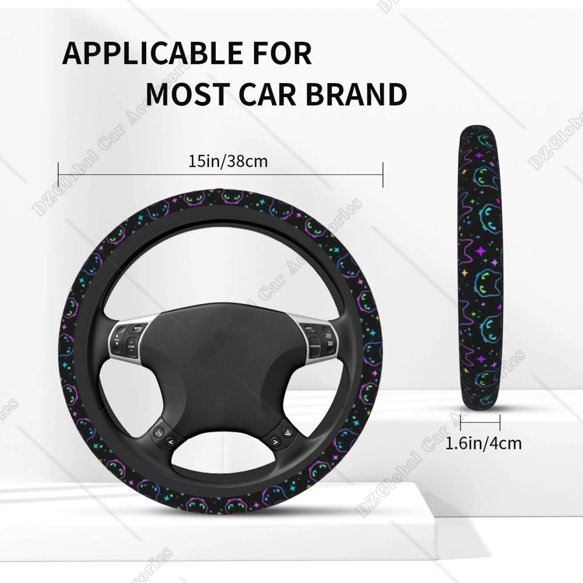 Car Steering Wheel Cover Universal 15 Inch Colorful Neon Cat Heads Steering Wheel Protector Car Accessories for Men Women Decor
