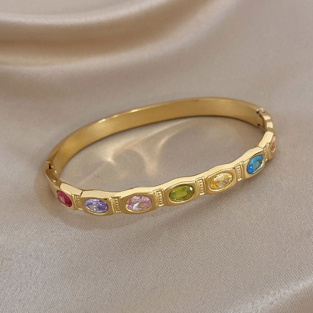 Greatera Vintage Colorful Zircon Stainless Steel Bracelet for Women Geometric Gold Color Stackable Bangles Chunky Jewelry