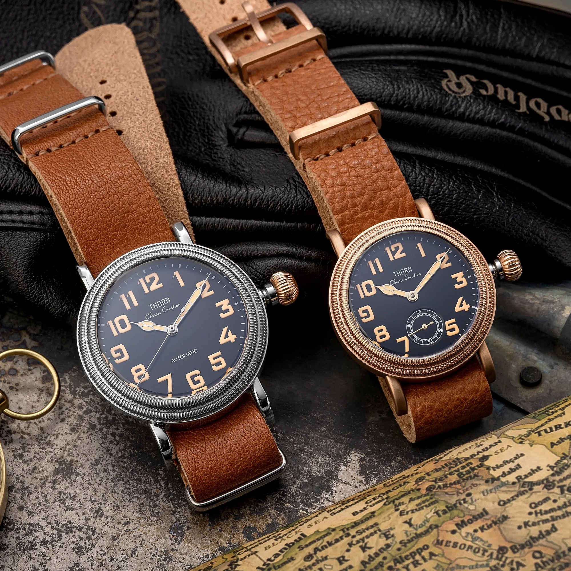 ثورن T013 خمر الطيار ساعة الياقوت فقاعة الزجاج ST1700 حركة مضيئة 5Bar مقاوم للماء 36 مللي متر الرجال ساعات آلية