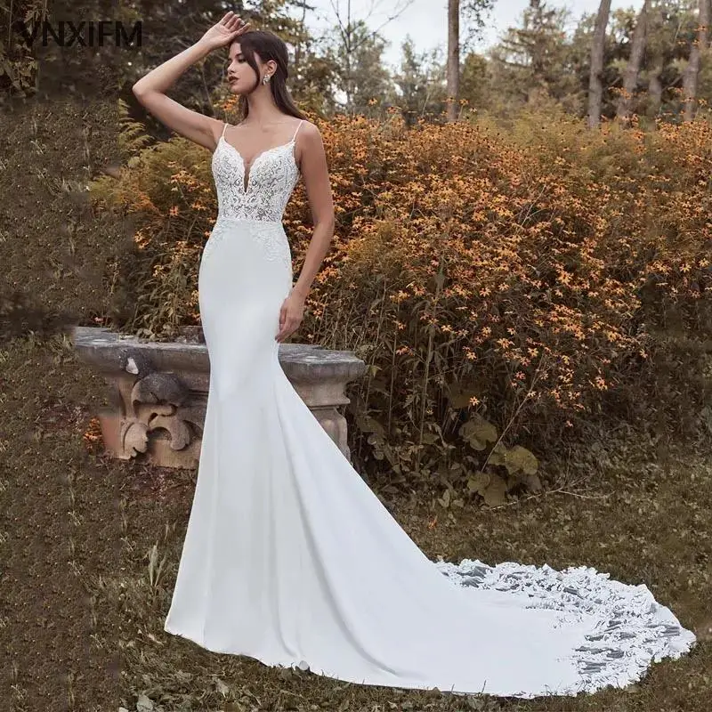 Vestidos De novia De sirena De encaje, tirantes finos, cuello en V, espalda descubierta, blanco, sin mangas, tren De barrido, bata De novia para playa personalizada