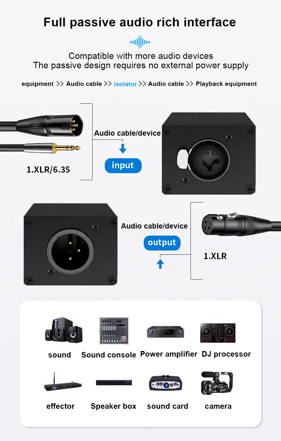 6,35-mm-Audiokabel-Isolator, Erdungsschleifen-Isolator, XLR-Buchse auf Stecker, beseitigt gemeinsame Erdungsstörungen für Soundsysteme 6.35mm Audio Cable Isolator Noise Ground Loop Isolator XLR Female to Male Eliminate – Detail 5