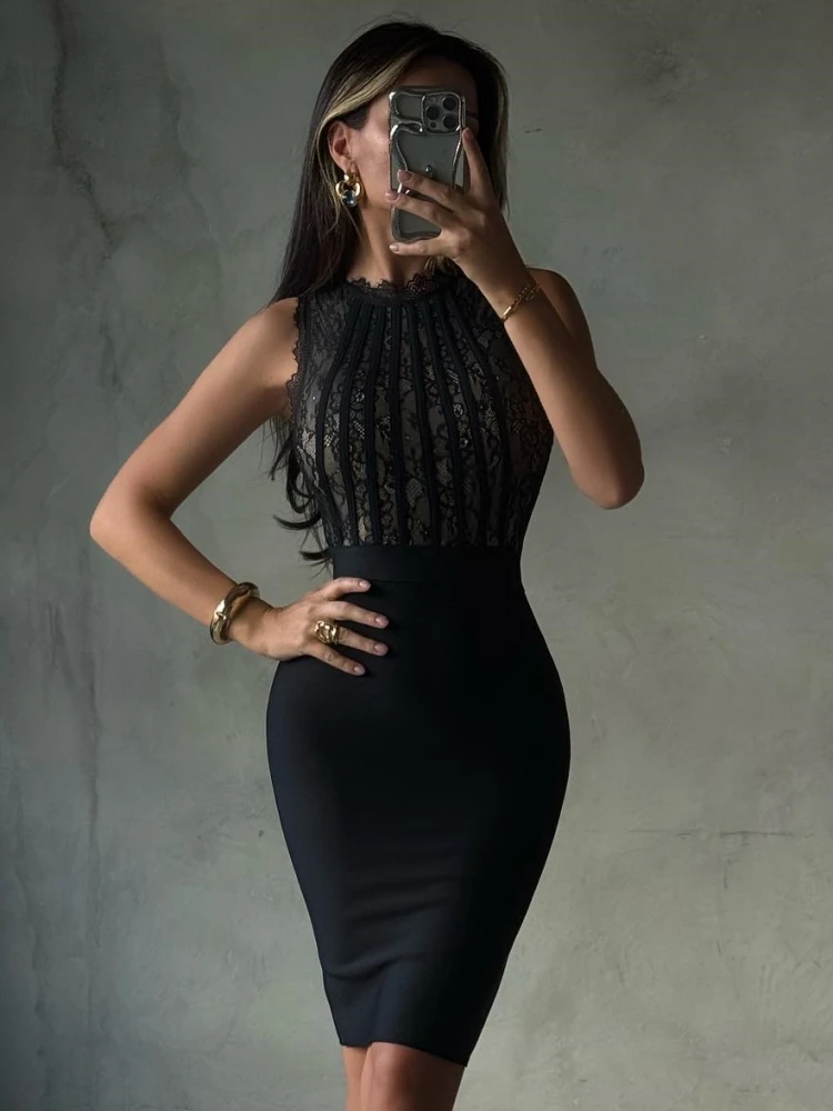 

Sexy O Neck Lace Patchwork Bandage Midi Dress Women White Black Sleeveless Bodycon Dresses Evening Party Cocktail Gowns