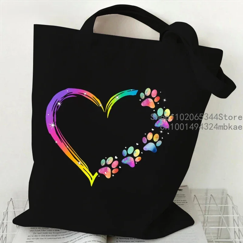 Borsa tote in tela con motivo a forma di zampa di cane, cuore colorato, moda donna, borse per la spesa Y2K, borsa a tracolla per studenti, amanti