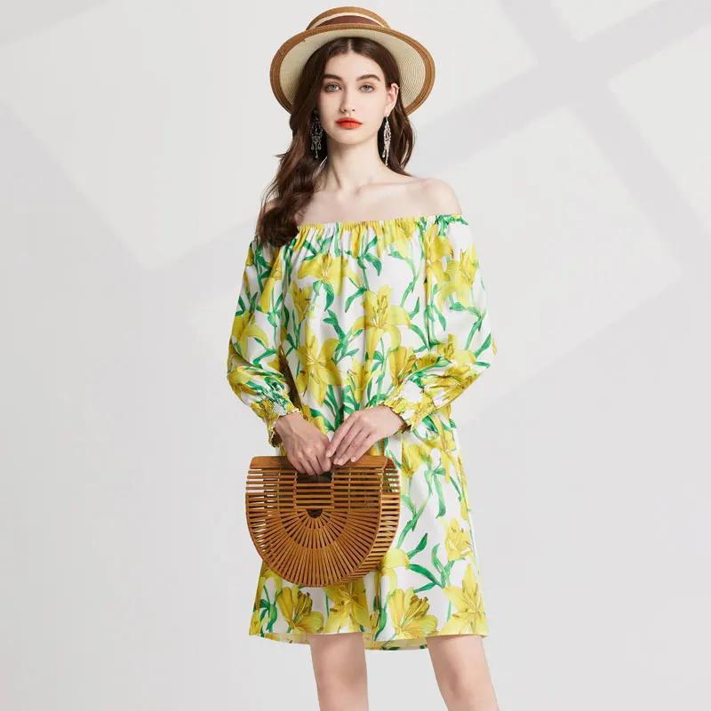

Bohemain Loose Short Dress Women's Slash Neck Cool Off Shoulder Long Lantern Sleeve Floral Print Chiffon Beach Party Vestidos