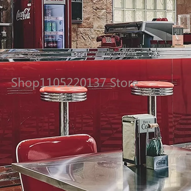 American Retro Red Bar KTV Bar Counter Stool, Front Desk Round Stool, Commercial High Legged Chair, Iron Nail Salon Use