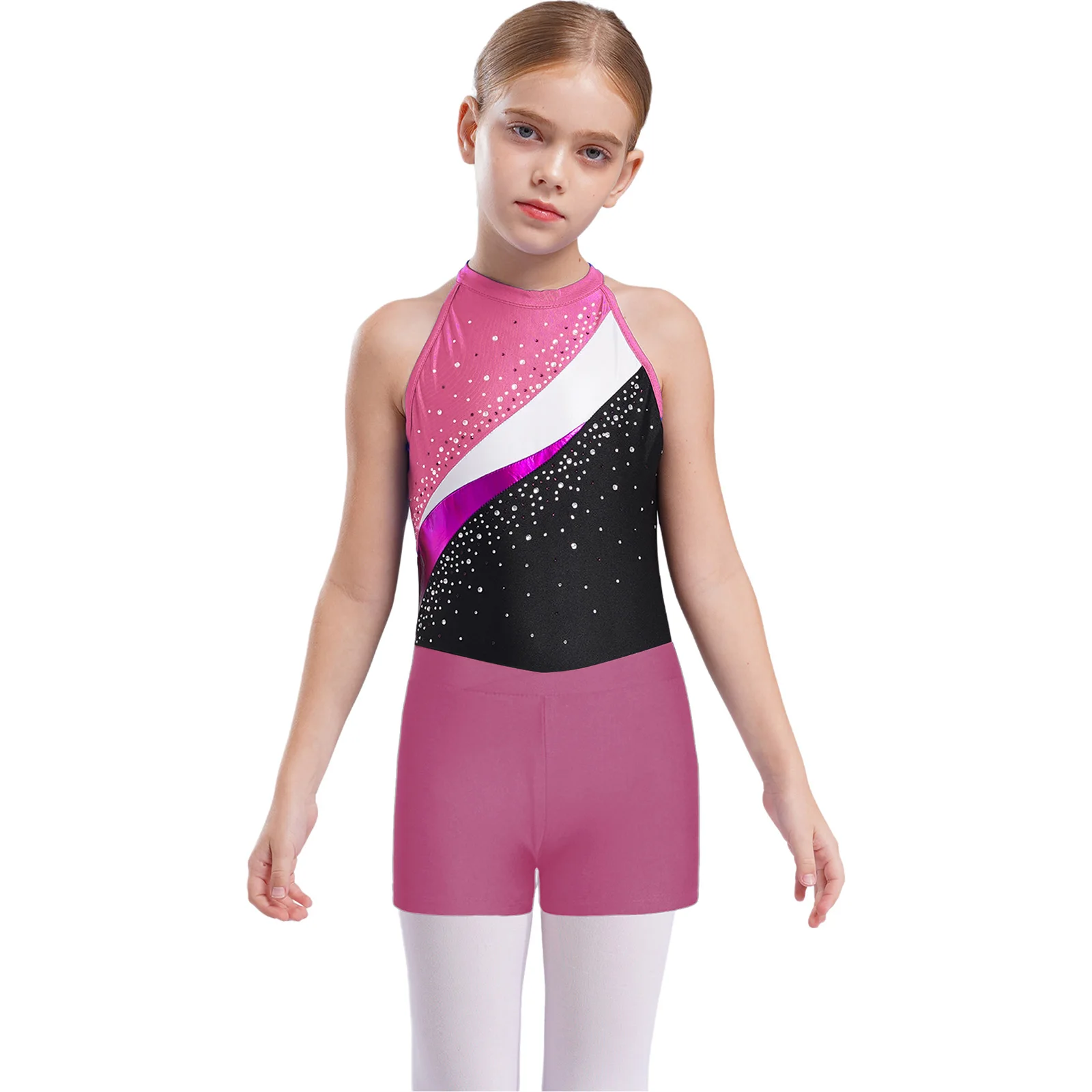 

Kids Girls Ballet Dance Set Lyrical Rhinestones Leotard with Hair Band And Waistband Shorts for Training Gymnastics Workout Set