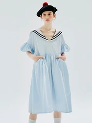 imakokoni original Summer Navy Sailor Dress Women's Short sleeve V-neck blue patchwork dress 234166