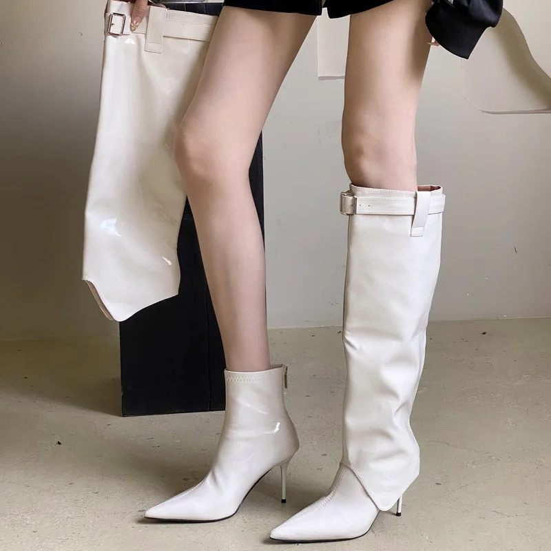 Aneikeh 2026 Autumn Patent Leather Boots Solid Rome Women Shoes Pointed Toe Leisure Women Thin Heels Belt Buckle Boots Knee-High
