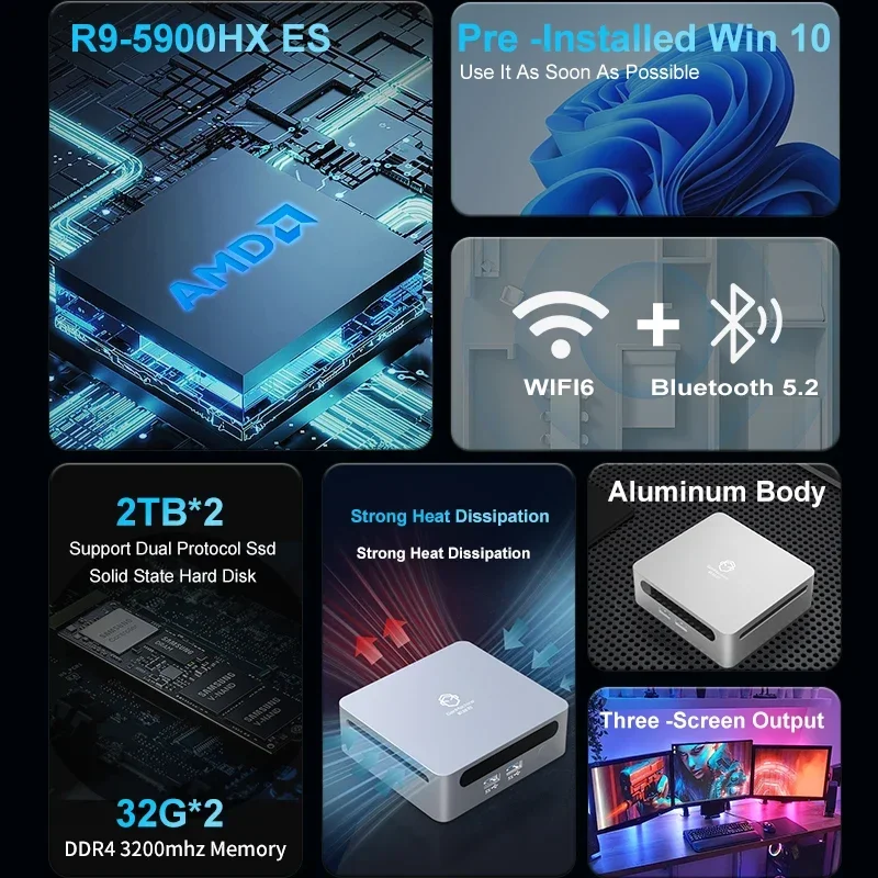 New Mini PC Ryzen 9 5900HX ES Windows 11 DDR4 Max 64GB 3.2GHz Up To 4.6GHz WIFI6 Mini PC Diy Gaming Computer