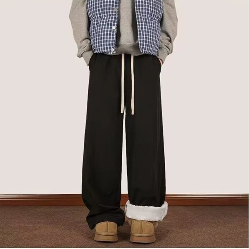 Men's Solid Color Warmth Casual Sweatpants Spring Autumn Street Cool Boys Trousers Male Straight Loose High Waist Wide Leg Pants