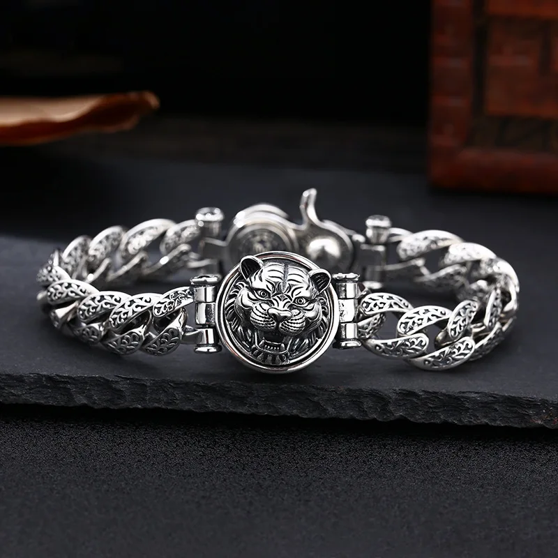 

925 sterling silver bracelet tiger head men's thick type Emperor trendy men's Thai silver retro distressed ornament