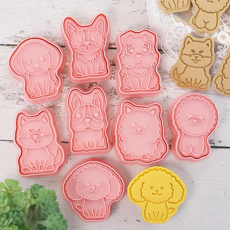 8Pcs/set Dog Shape Cookie Cutters Plastic 3D Cartoon Pressable Biscuit Mold Cookie Stamp Kitchen Baking Pastry Bakeware Tool