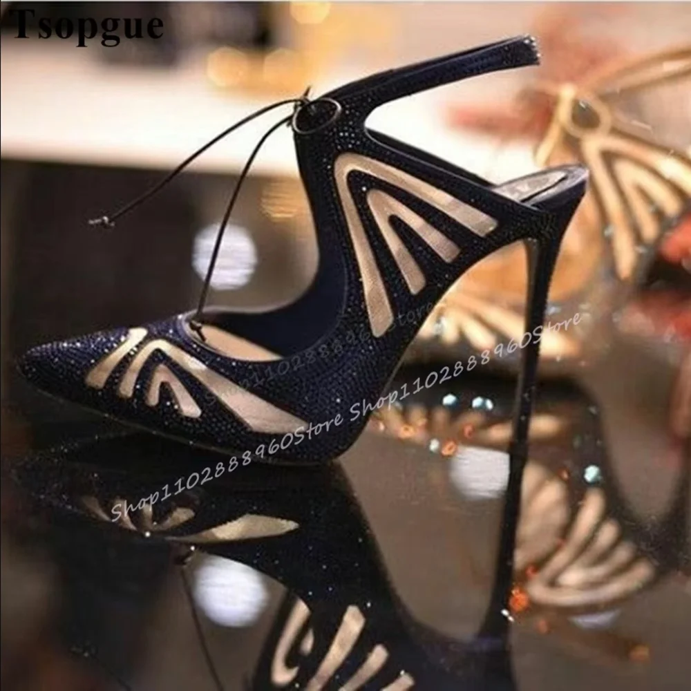 

Trendy Black Sparkling Crystal Half Slippers Thin High Heel Shoes For Women Slip On Pointed Toe Sparkling Banquet Women Sandals