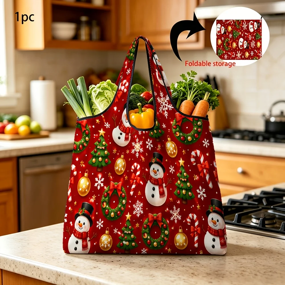 Reusable Grocery Bags, Foldable Shopping Bag, Christmas Snowman Christmas Tree Wreath Print, for Daily Use, 1 pc