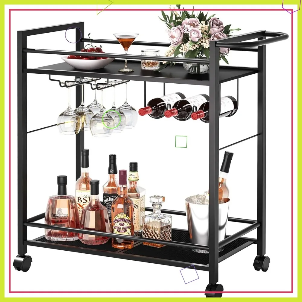 

Modern Black Bar Cart with Storage Shelves, Wheels, Wine Rack & Glass Holder for Kitchen, Living Room