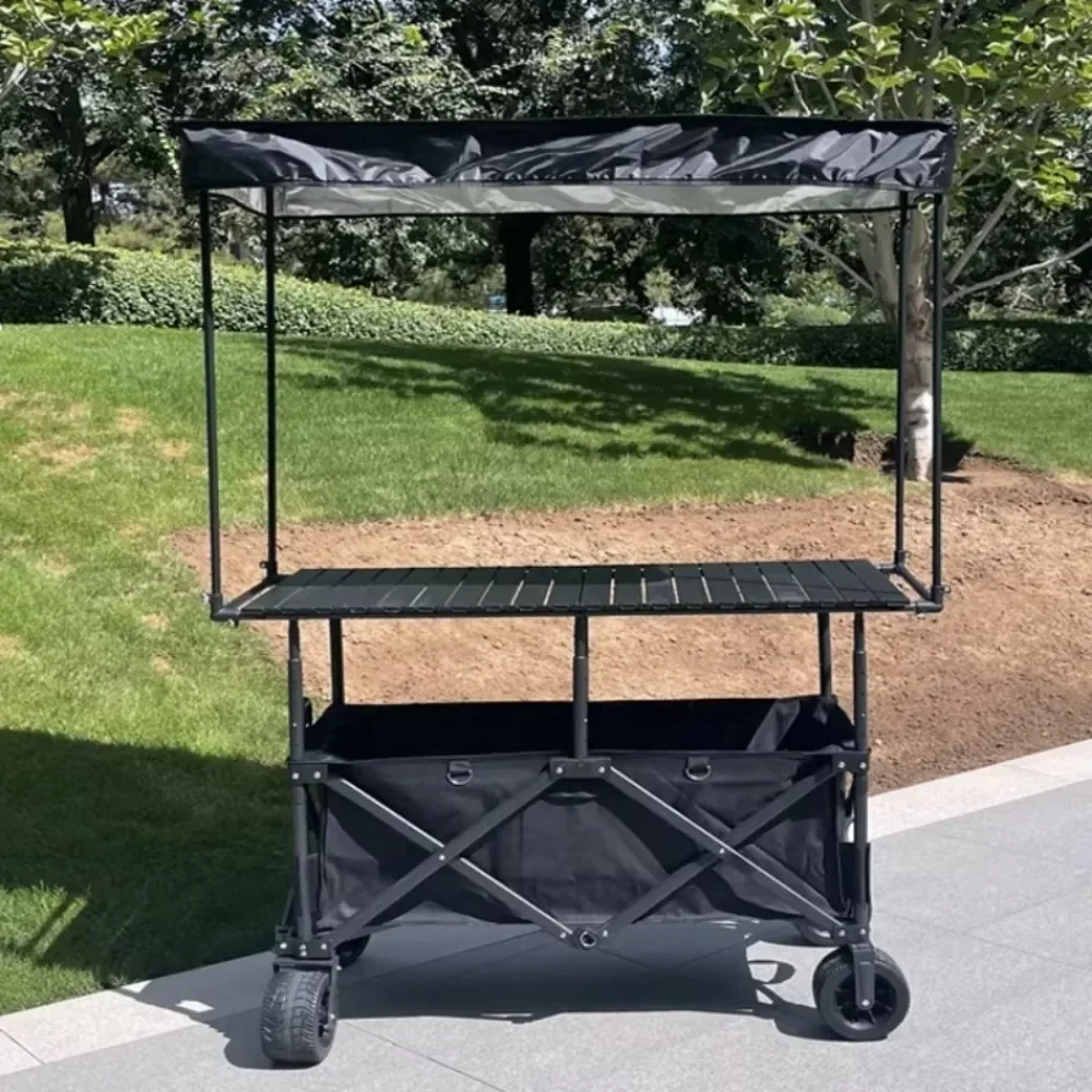 

Portable camping folding trolley wagon with mobile store shade tent, customizable food stall and ice cooler OEM platform