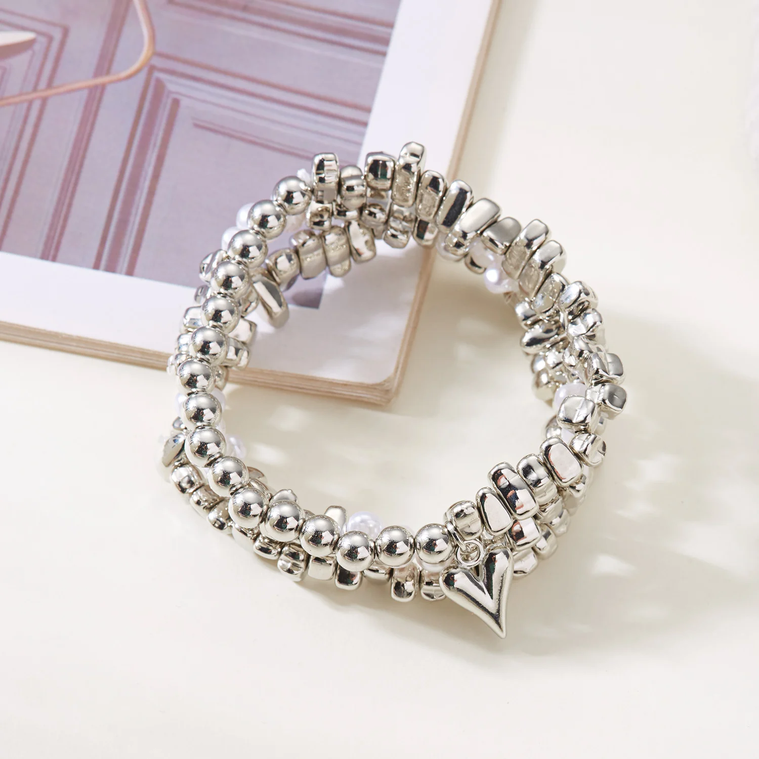 Retro Unregelmäßiges CCB-Perlen Elastisches Armband-Set für Frauen Einfaches Herzförmiges Mehrschichtiges Armband Charms Geburtstags-Schmuck – Detail 6