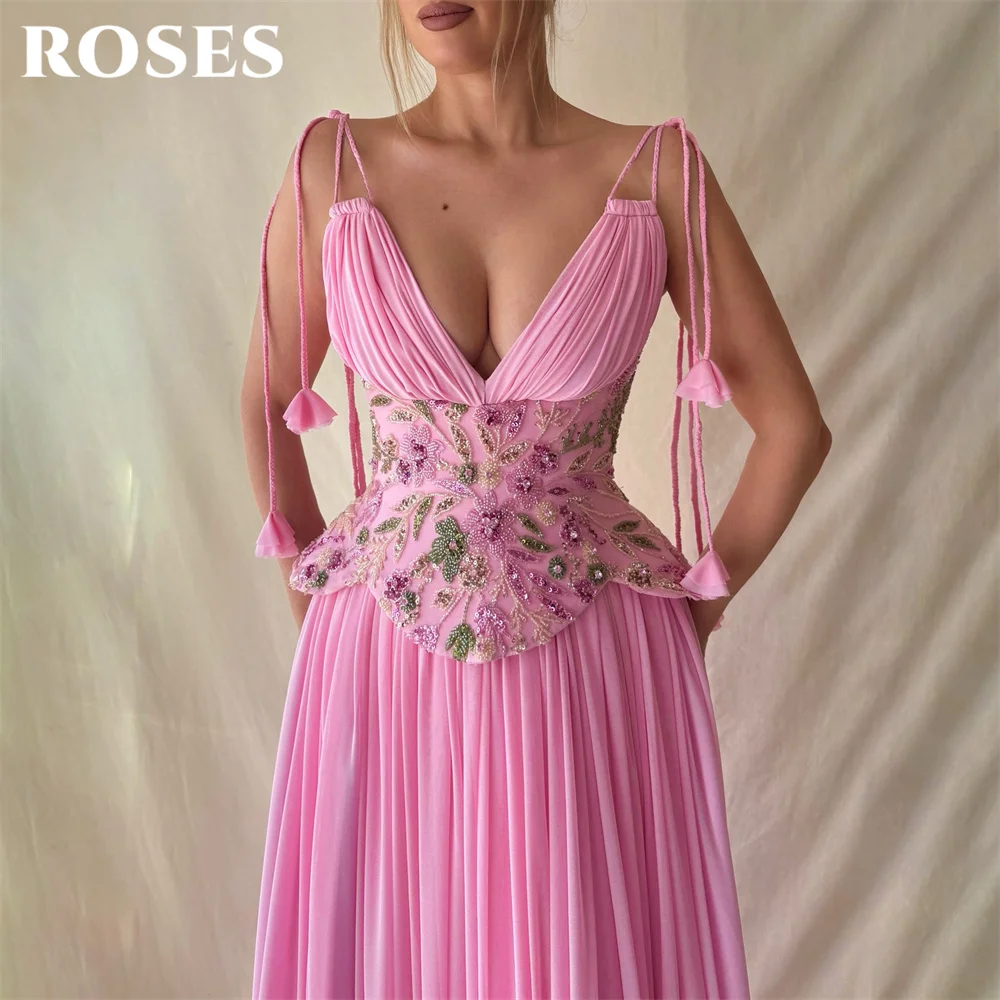 ROSES Pink Prom Dresses Deep V Neck Spaghetti Strap Evening Dresses A Line Floor Length Party Dress Robe De Soirée Customized 3