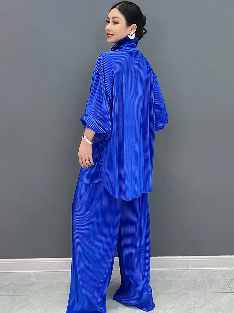 SHENGPALAE 2024 Spring New Set Pleated High Elastic Solid Color Long Sleeved Shirt Wide Legged Pants Elegant 2 Piece Set 5R9602