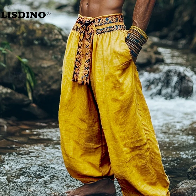 Men's Cotton Linen Pants Summer Pants Bloomers Baggy Pants Pocket Color Block Comfort Breathable Daily Holiday Retro Vintage